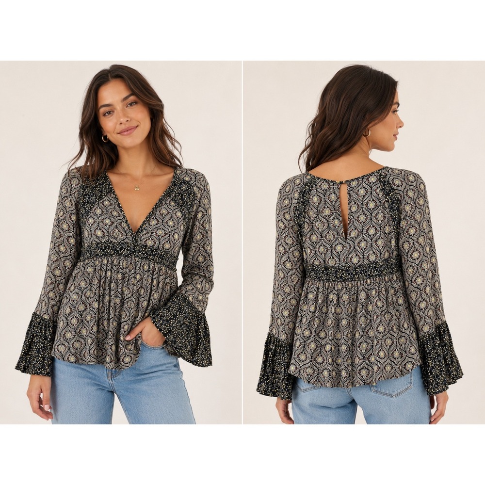 Free People Womens Black‎ White Geometric Floral Babydoll Top Long Sleeve Size M